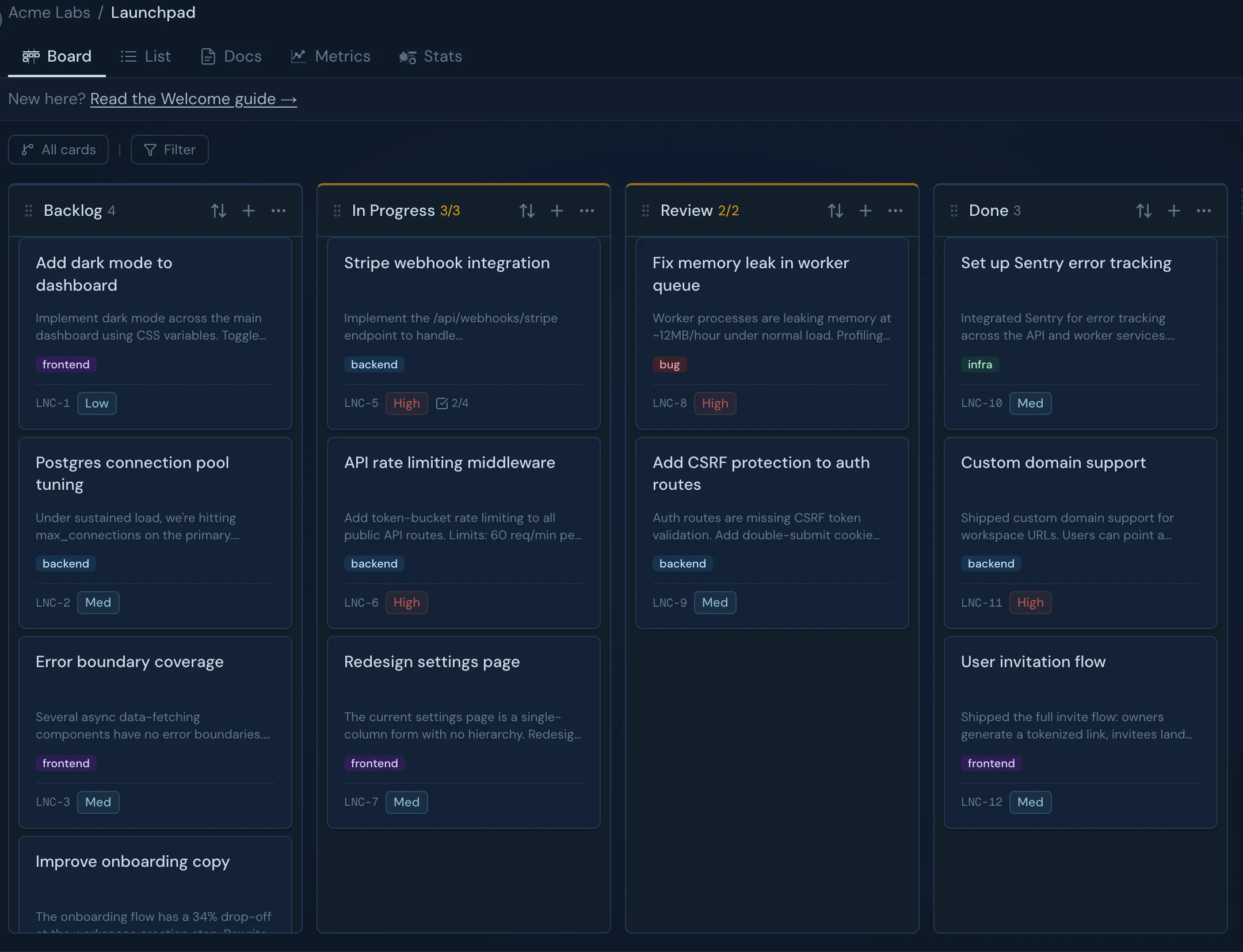Acme Labs kanban board in Glacier — columns with WIP limits, cards, labels