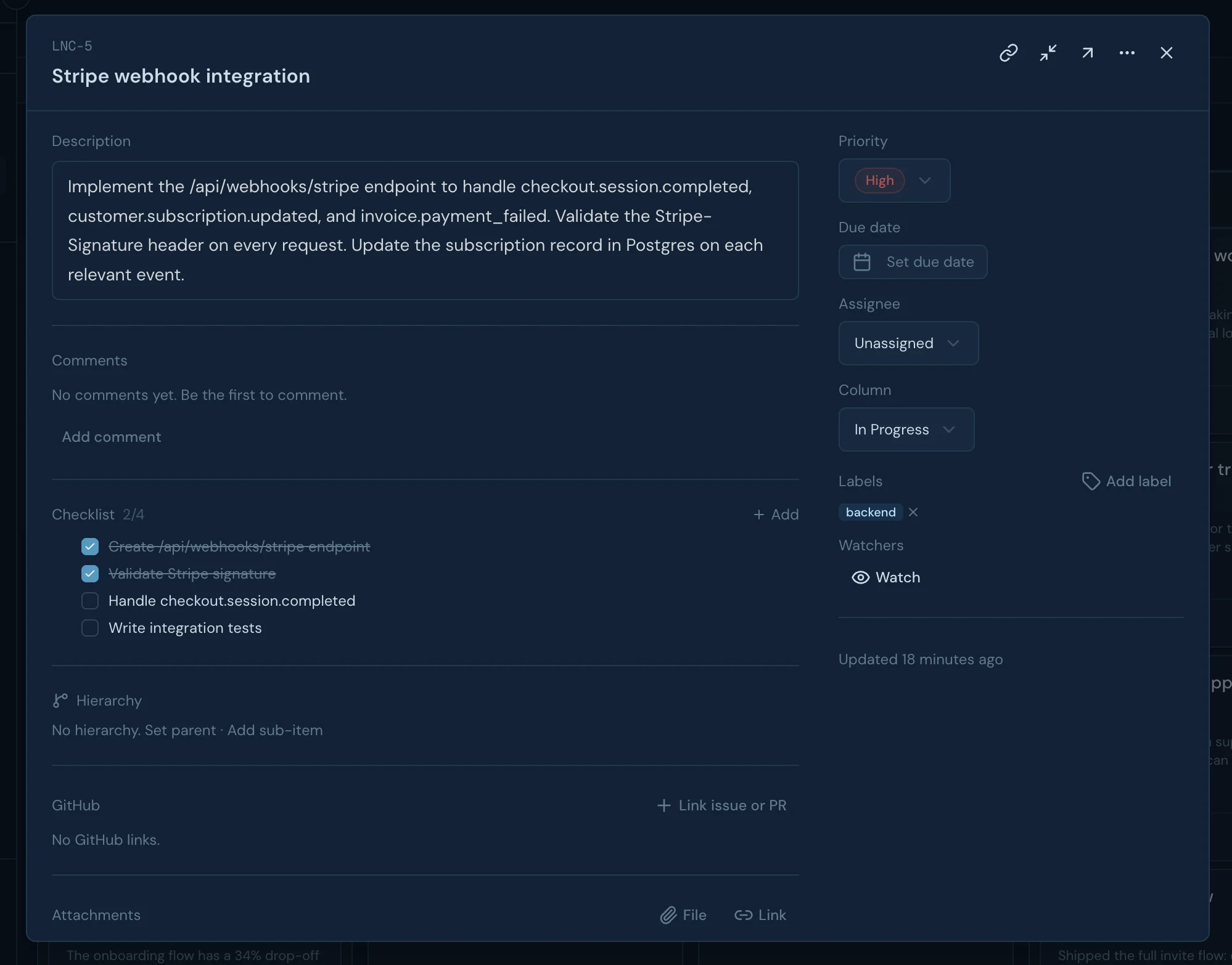 Glacier card detail panel showing subtasks, GitHub link, comments, and linked doc