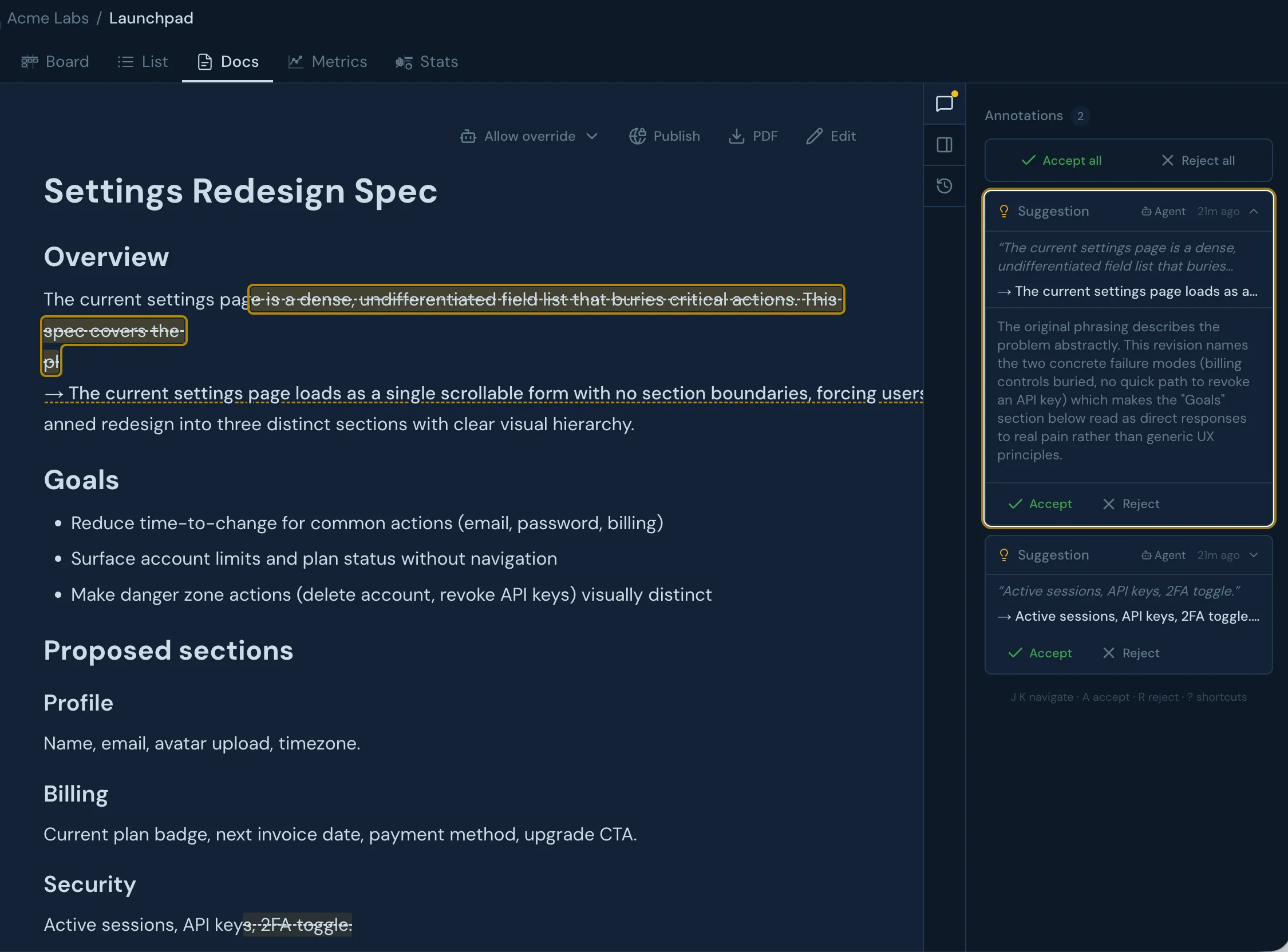 Glacier doc editor showing Claude's inline AI doc review — strike-through original text, replacement suggestion, and accept/reject/discuss popover
